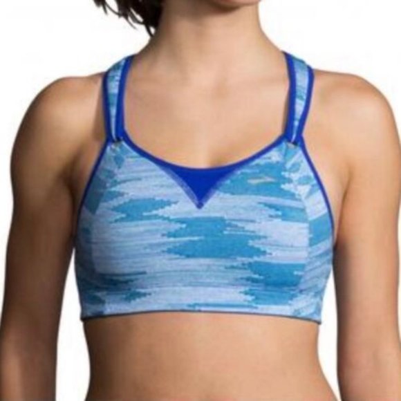 Brooks Rebound Racer Sports Bra Blue Space Dye Aztec Pattern Workout Gym 32B - Picture 1 of 10